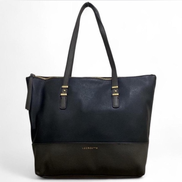 Liz Claiborne Black Gray Tote Purse / Bag w/ Gold Colored Logo Detail Layla Tote - Picture 1 of 7